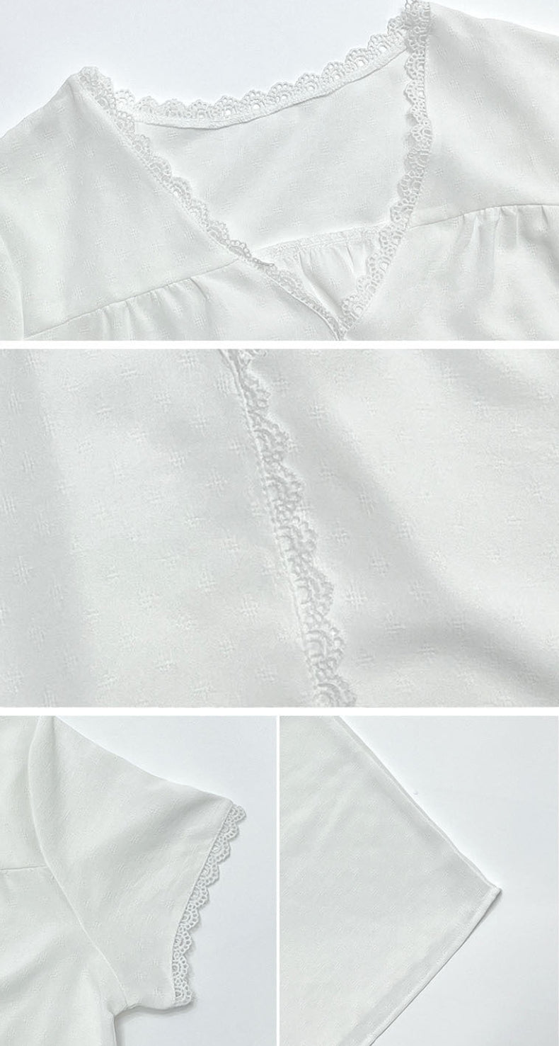 Simple Lace-Trimmed V-Neck Shirt